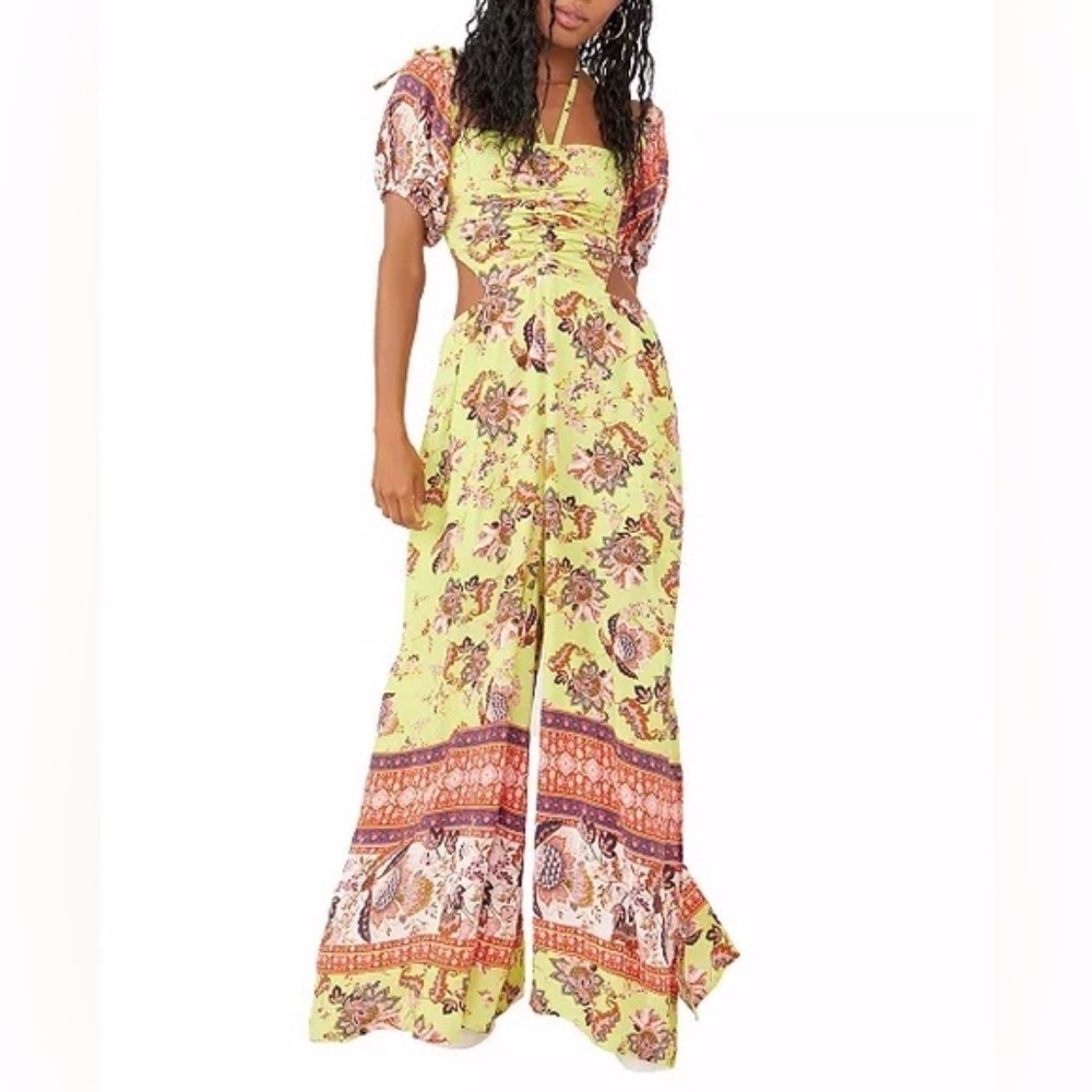 Free People Bali Citrus Skies Floral Wide Leg Jumper in Lime Size XS NWOT - Picture 6 of 9